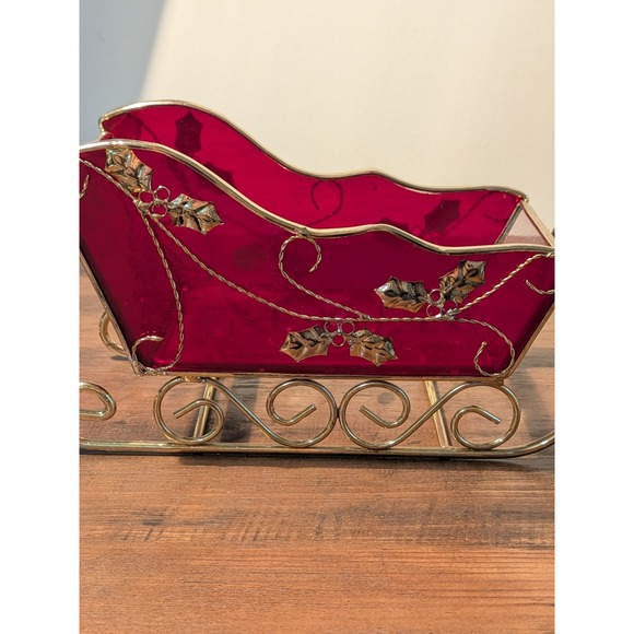 Set of 2 Red Sleighs with Gold Scroll Christmas Mantle Vtg Style Sleigh Holiday - Picture 11 of 16